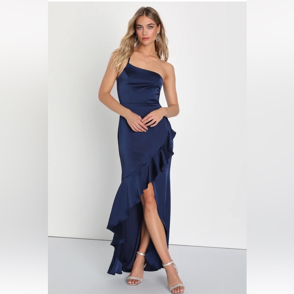 Lulus Perfect Memories Navy Blue Satin Ruffled One-Shoulder Maxi Dress